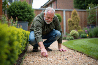 Homme d'âge moyen inspectant un chemin de gravier dans le jardin