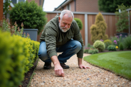 Homme d'âge moyen inspectant un chemin de gravier dans le jardin