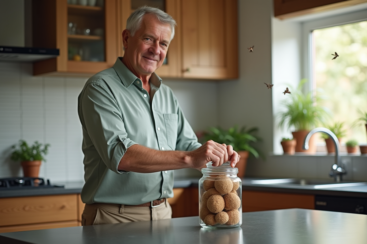 Homme posant une jarre de cèdre dans une cuisine moderne