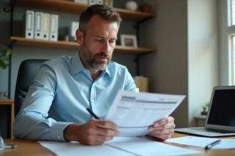 Homme lisant attentivement un devis de travaux imprimé à son bureau, stylo en main, pour analyser les prix et le matériel