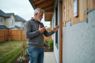 Hommes examine l'isolation extérieure d'une maison moderne