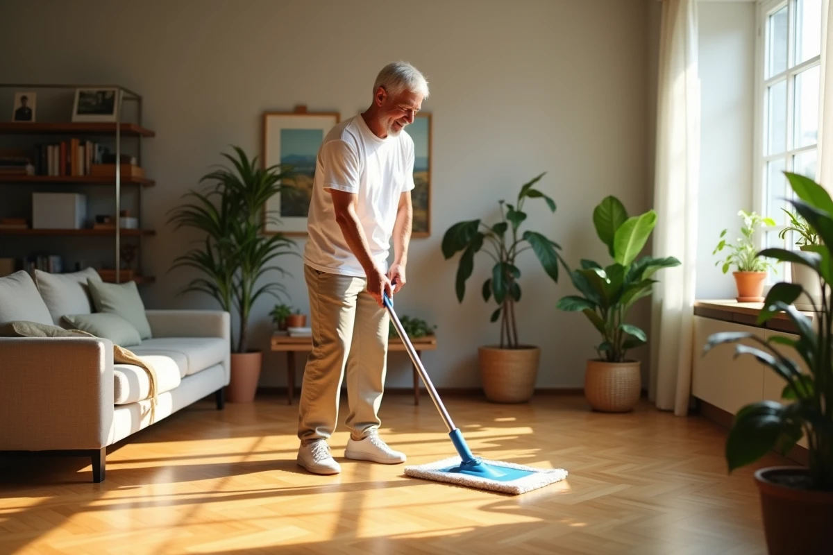 Homme souriant nettoyant parquet avec une serpillere dans le salon
