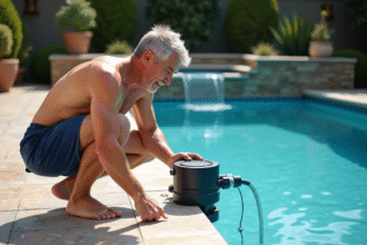 Homme vérifiant le système de filtration de la piscine