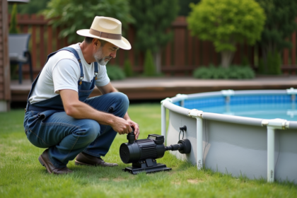 Homme en salopette et chapeau de soleil près de la piscine