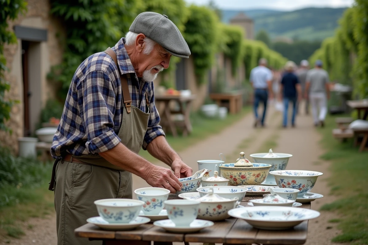 Homme âgé arrangeant des assiettes en porcelaine dans un vide grenier