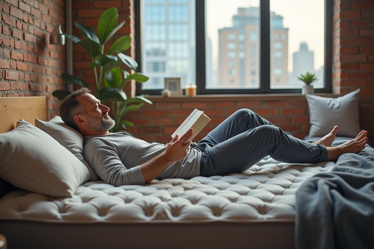 Homme lisant confortablement sur un lit dans loft lumineux