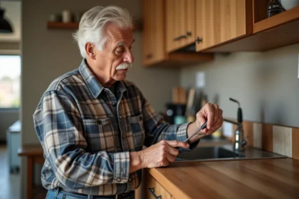 Homme âgé répare un meuble de cuisine avec un tournevis