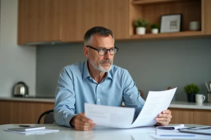 Homme d'âge moyen examine devis de rénovation dans une cuisine moderne