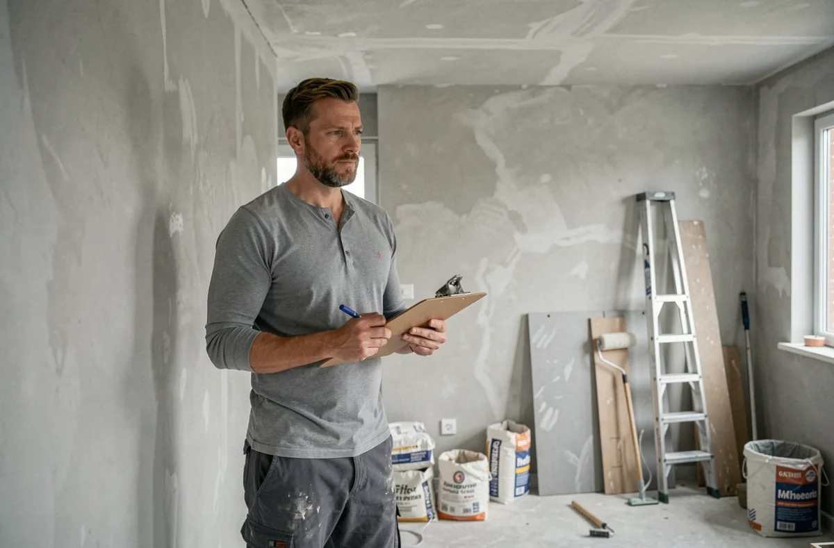 Homme évaluant l'avancement de travaux de rénovation intérieure dans un salon en cours de réfection