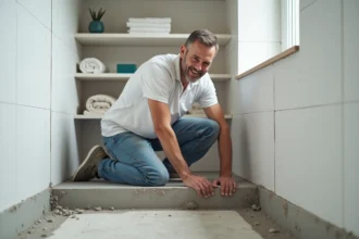 Homme vérifiant l'étanchéité d'une douche en béton dans une salle de bain moderne