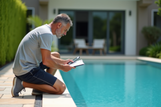 Homme d'âge moyen vérifiant la température d'une piscine extérieure