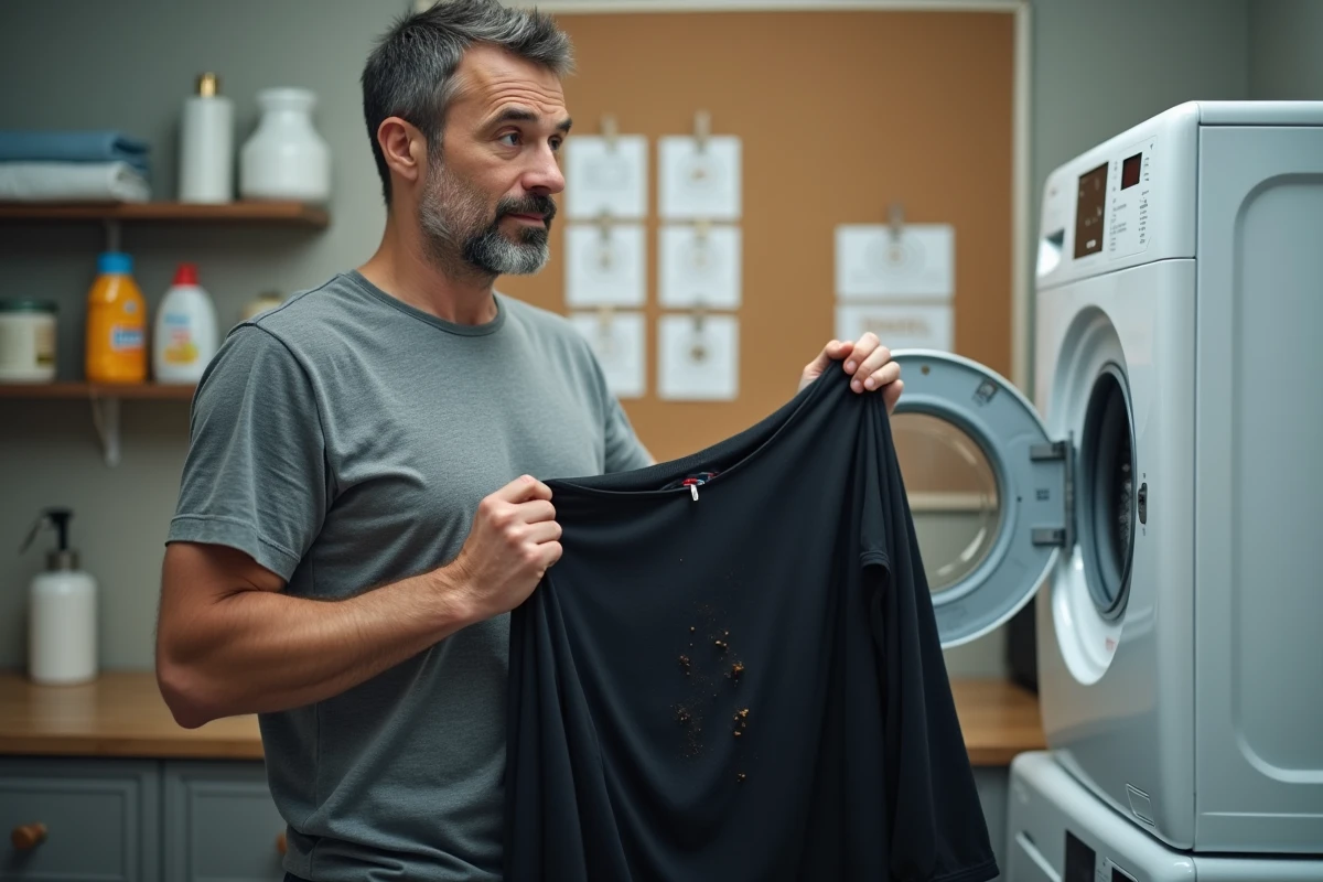 Homme constatant les dégâts sur un vêtement abîmé par un séchage incorrect, devant un sèche-linge avec tableau de symboles d'entretien