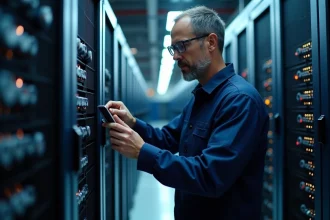 Ingénieur télécom inspectant des modules de protection contre les surtensions dans une salle de serveurs 5G moderne