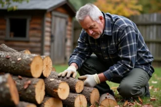 Homme inspectant du bois de chauffage avec moisissure