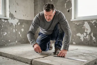 Ouvrier inspectant une fissure sur une ancienne dalle béton avant la pose d'une chape