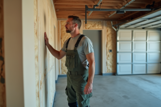 Homme en overalls inspectant l'isolation du garage