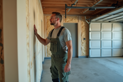 Homme en overalls inspectant l'isolation du garage