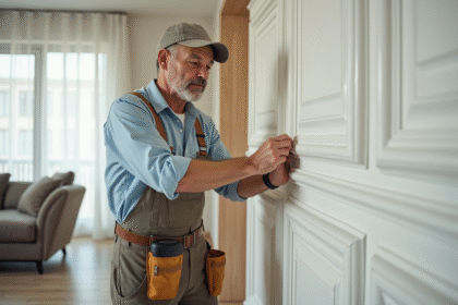 Homme en tenue casual installant un panneau decoratif dans un salon moderne