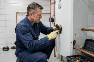 Technicien installant un chauffe-eau thermodynamique dans une buanderie moderne avec outils professionnels