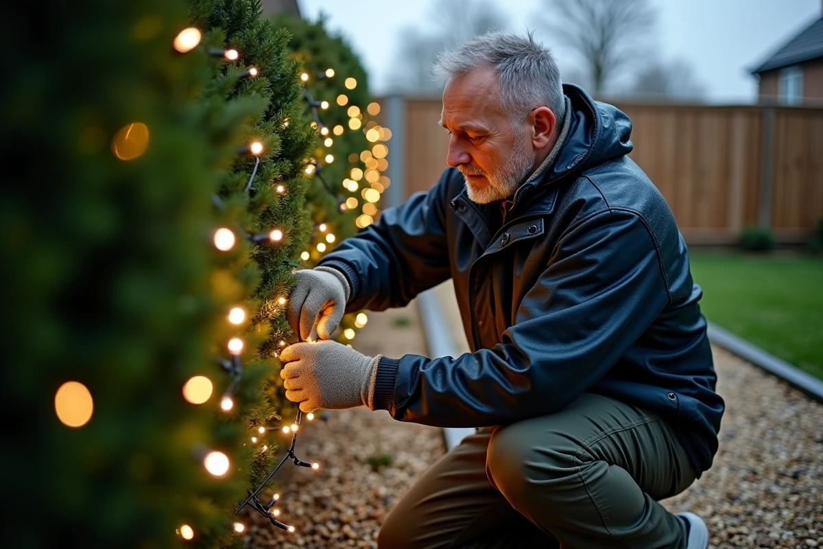 Homme installant des guirlandes lumineuses de Noël extérieures résistantes aux intempéries dans un jardin