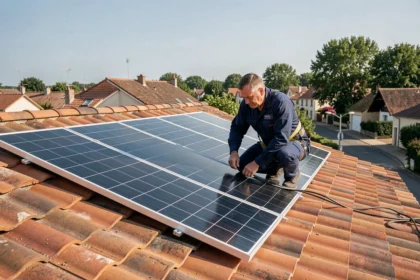 Technicien installant un kit solaire autoconsommation 1500W sur le toit d'une maison individuelle en France