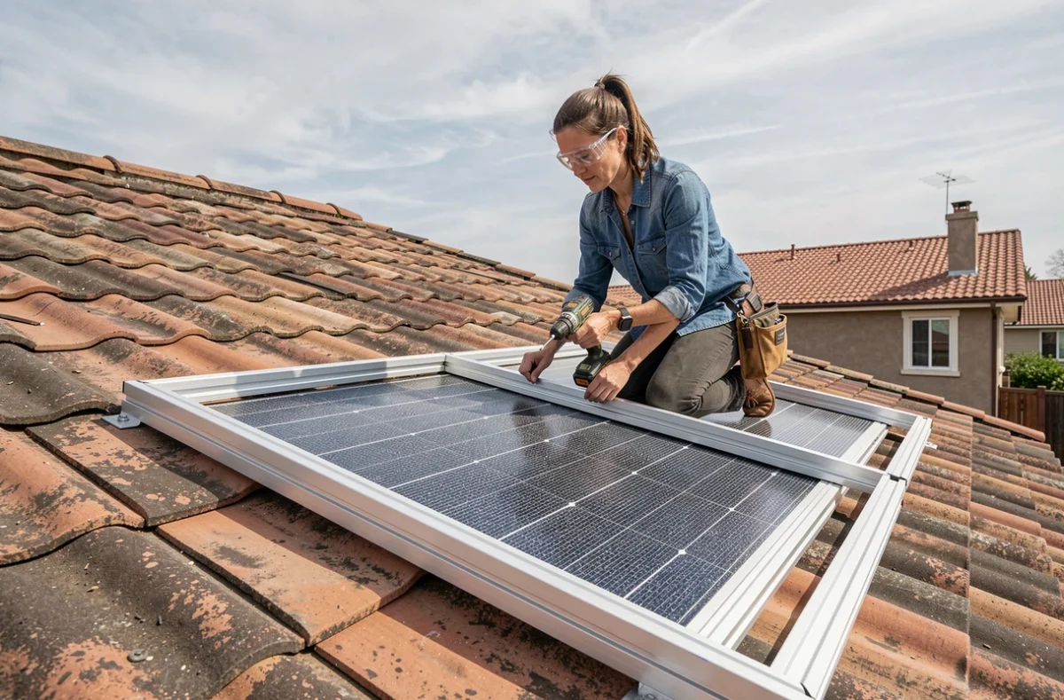 Femme installant un panneau solaire artisanal sur un toit de maison individuelle avec une perceuse sans fil
