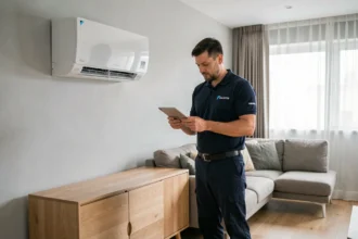 Technicien installant une pompe à chaleur air/air Daikin dans un salon moderne avec unité murale blanche