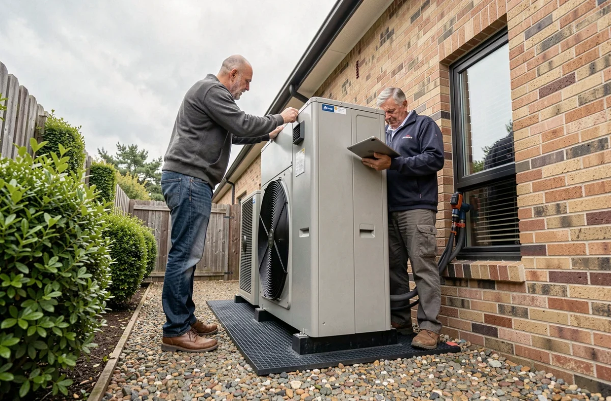 Deux techniciens installant et positionnant une pompe à chaleur air eau sur son support anti-vibrations en extérieur