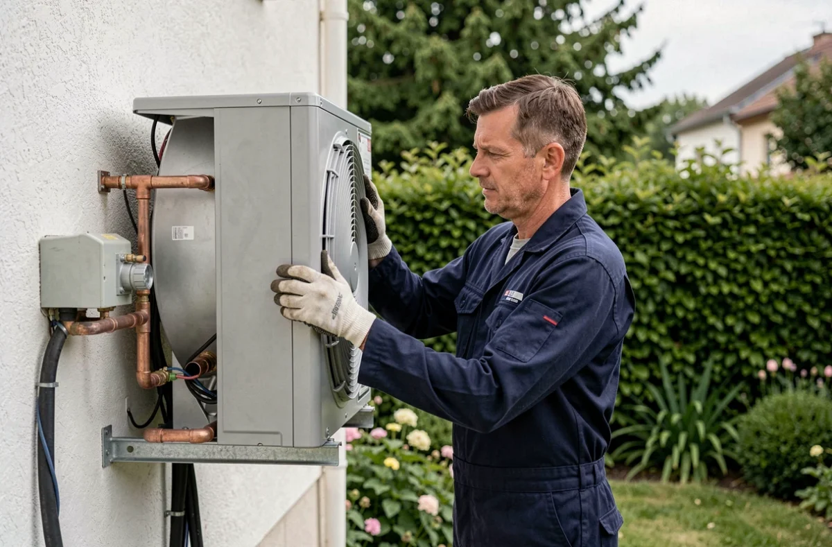 Technicien installant l'unité extérieure d'une pompe à chaleur air-air sur la façade d'une maison