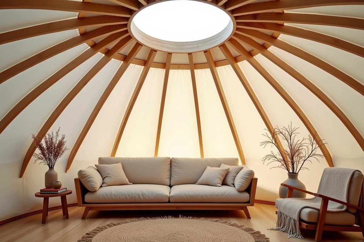 Intérieur moderne d'une yourte design aménagée en salon contemporain avec dôme circulaire et mobilier scandinave