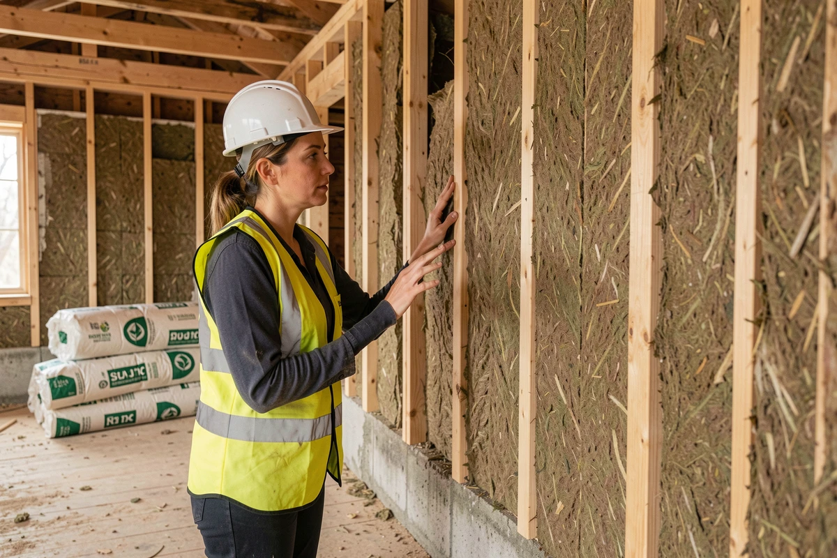 Inspectrice examinant l'isolation en fibres naturelles de chanvre et de bois dans les murs d'un chalet en construction écologique