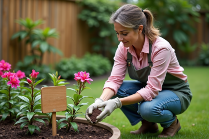 Femme de jardinage examine des azalées fanées dans son jardin