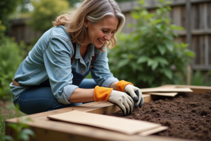 Femme jardinant posant du carton dans un jardin