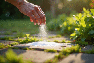Mains de jardinier saupoudrant du bicarbonate sur des mauvaises herbes entre pavés