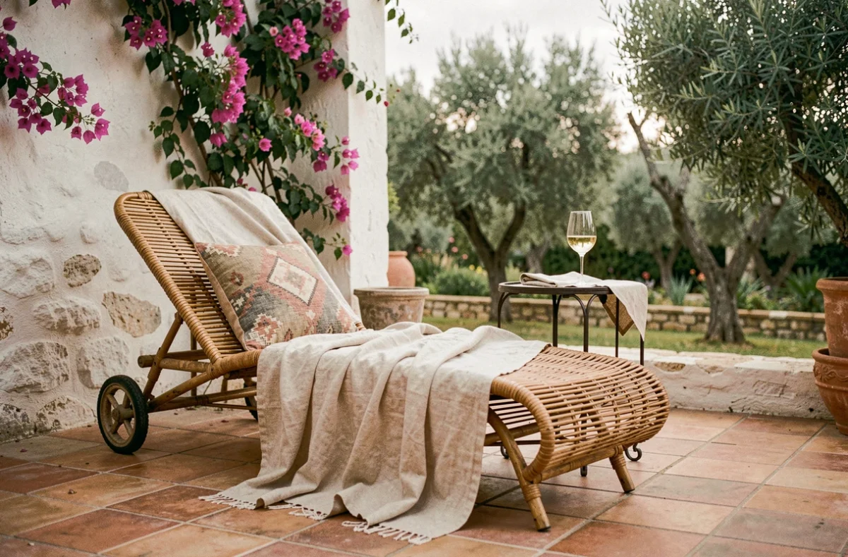 Jeté de canapé beige drapé sur un fauteuil rotin sur une terrasse méditerranéenne en pierre avec bougainvilliers et carrelage en terre cuite