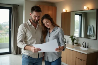 Jeune couple en salle de bain moderne en train de revoir des plans