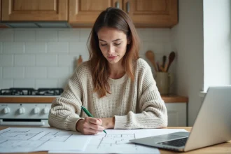 Jeune femme en cuisine planifiant un projet de rénovation