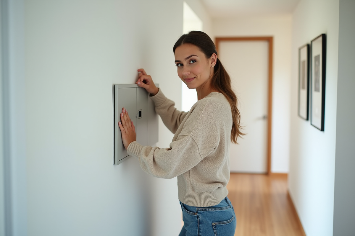 Jeune femme souriante fermant un panneau électrique dans un appartement