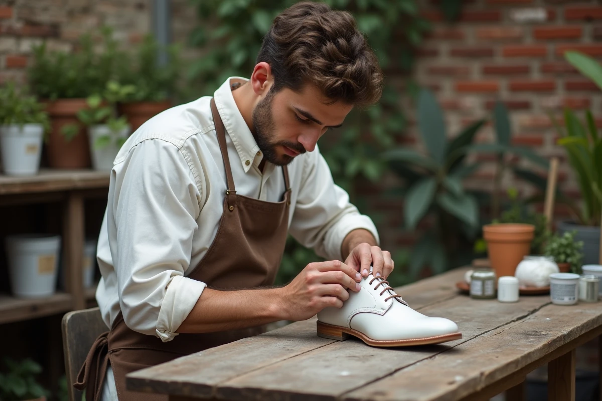 Jeune homme polissant une chaussure en cuir blanc