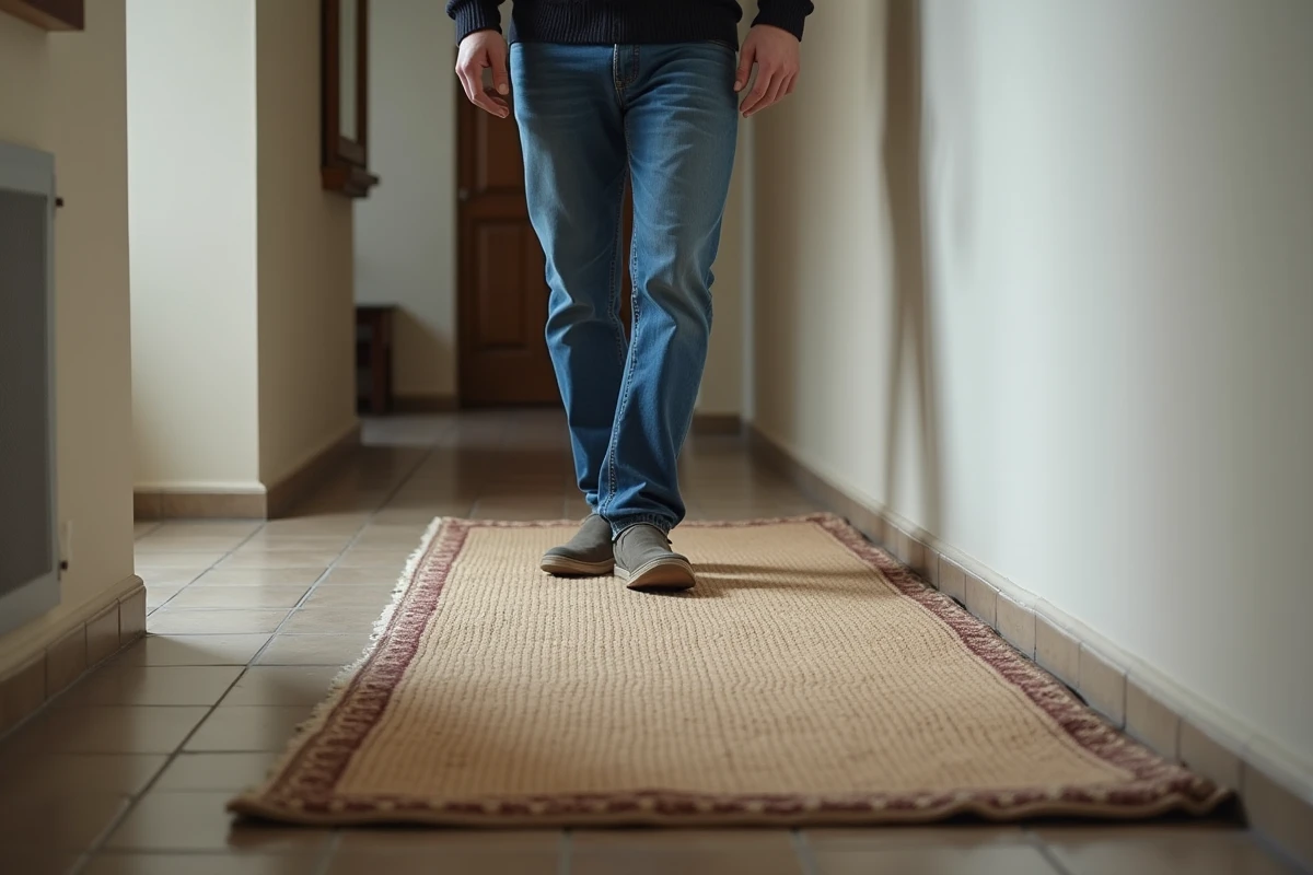 Jeune homme posant un tapis dans un couloir domestique