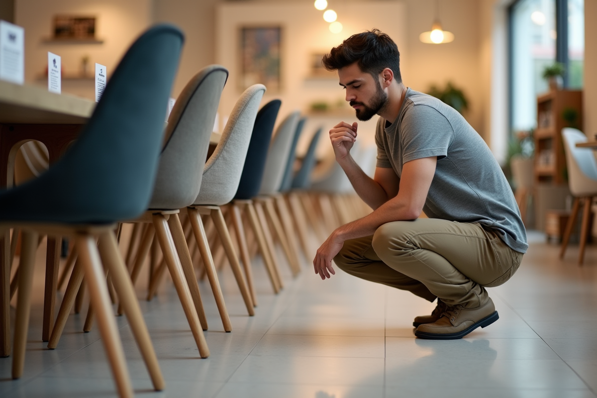 Jeune homme comparant la hauteur de différentes chaises