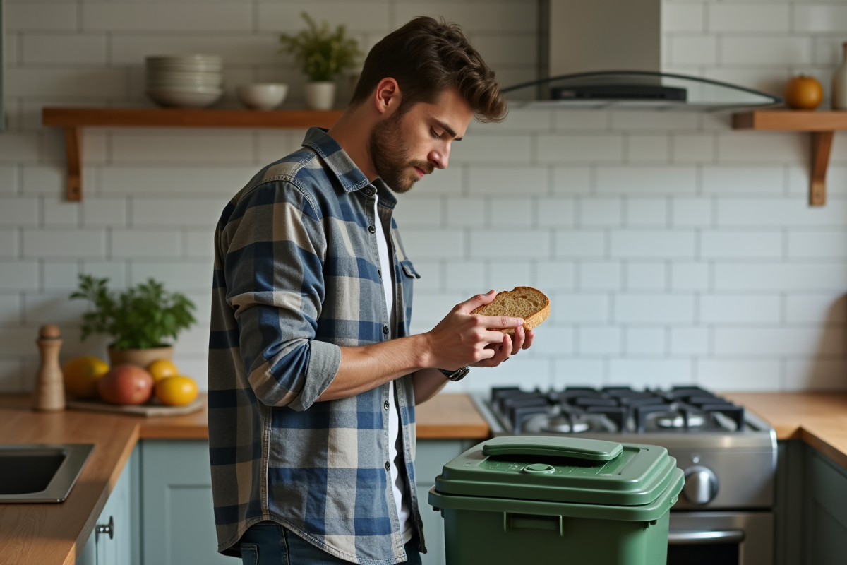 Jeune homme tenant une tranche de pain au compost de cuisine