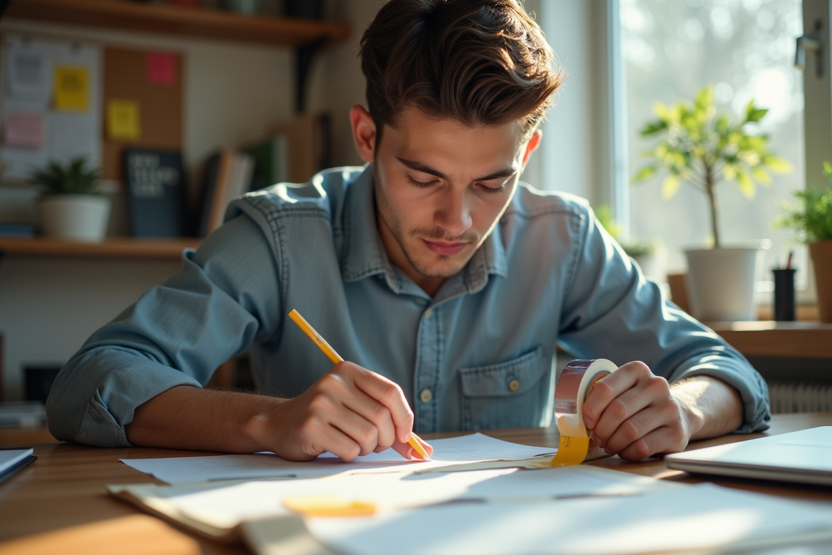 Jeune homme réparant un document avec du ruban adhésif coloré