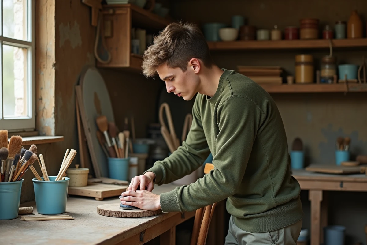 Jeune homme ponçant une chaise en bois dans un atelier lumineux
