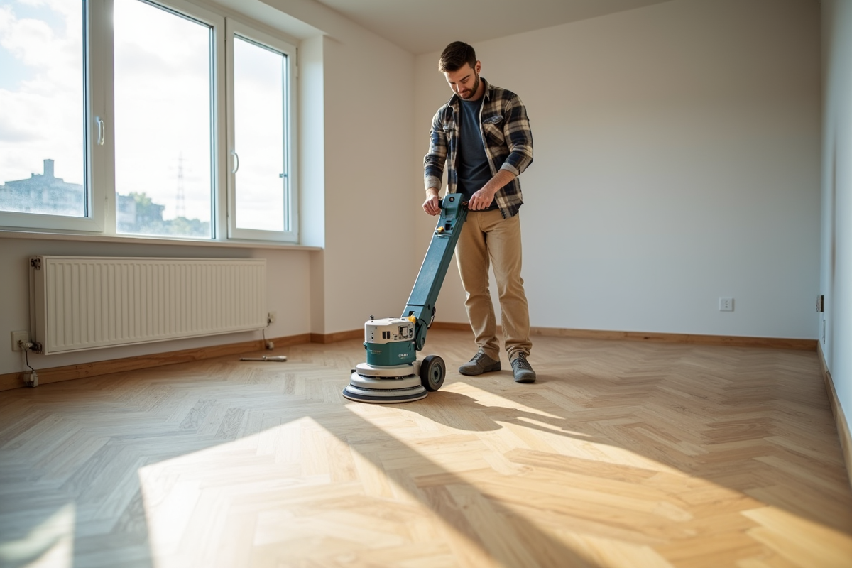 Jeune homme utilisant une ponceuse électrique sur un parquet