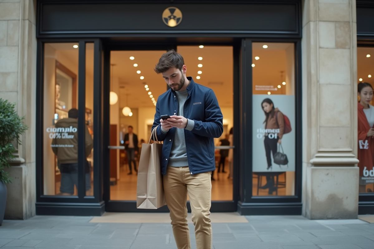 Jeune homme regardant son téléphone devant un magasin parisien
