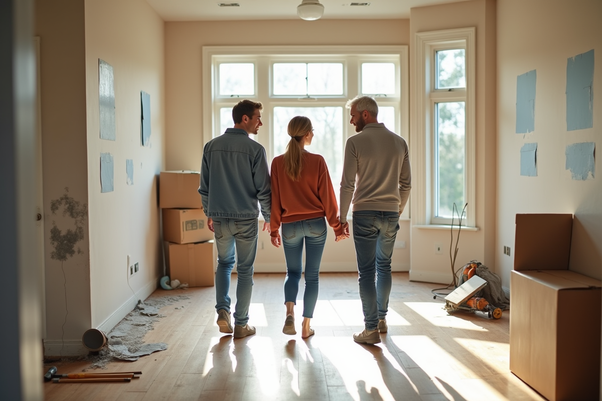Jeune couple et entrepreneur dans une pièce en rénovation