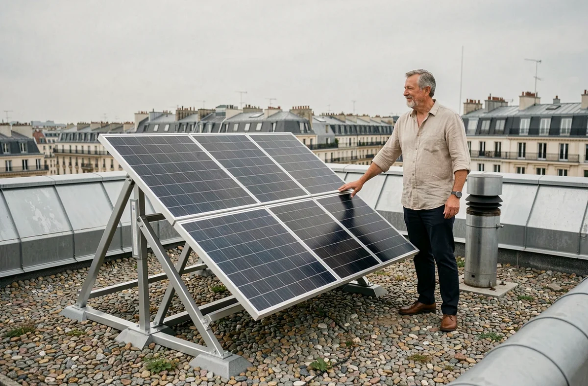Kit solaire autoconsommation installé sur le toit terrasse d'un immeuble urbain en France