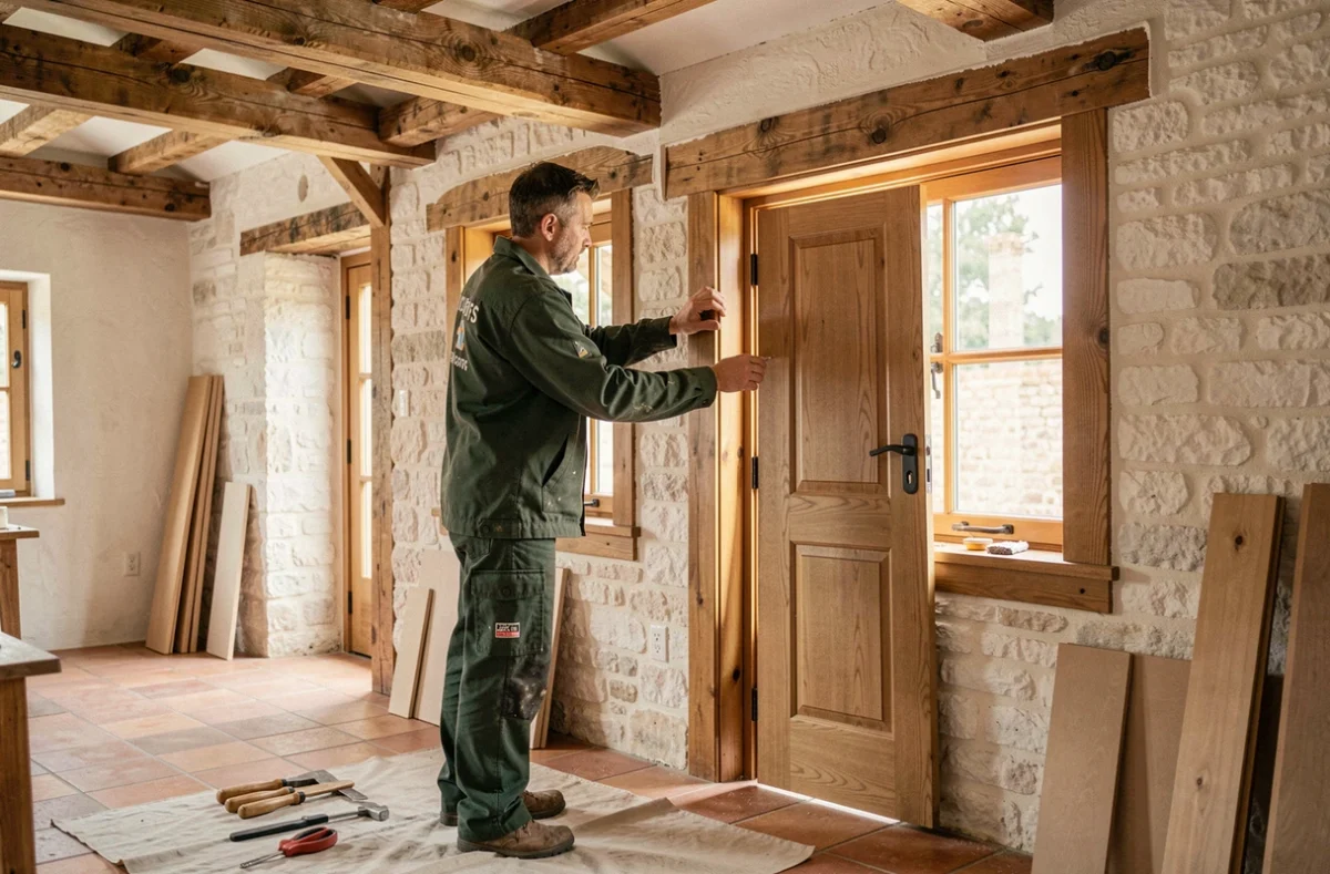 Artisan La Porte À Côté AVVS posant une menuiserie bois dans une maison de caractère des Yvelines