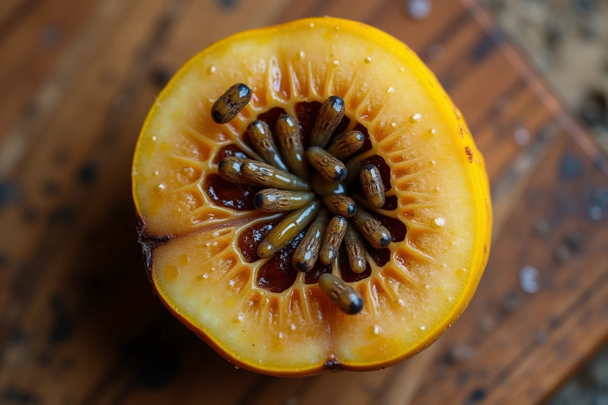 Vue en plongée de larves de mouches sur un fruit trop mûr posé sur une planche en bois, illustrant les zones de développement des asticots dans la maison